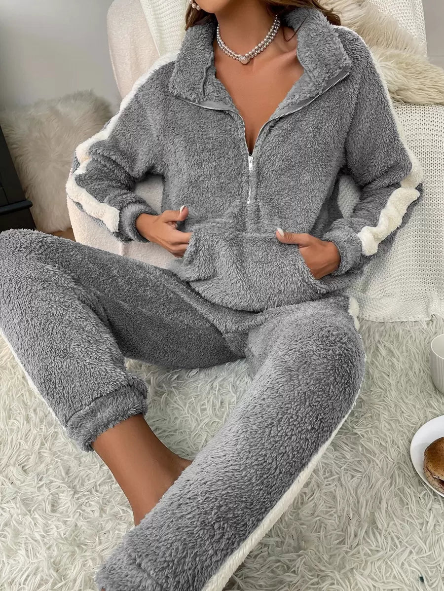 Flanellen top en broek met contrasterende zijnaad en halve rits, loungeset, herfst- en winterkleding