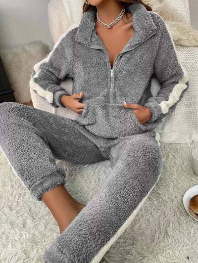 Flanellen top en broek met contrasterende zijnaad en halve rits, loungeset, herfst- en winterkleding