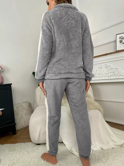 Flanellen top en broek met contrasterende zijnaad en halve rits, loungeset, herfst- en winterkleding