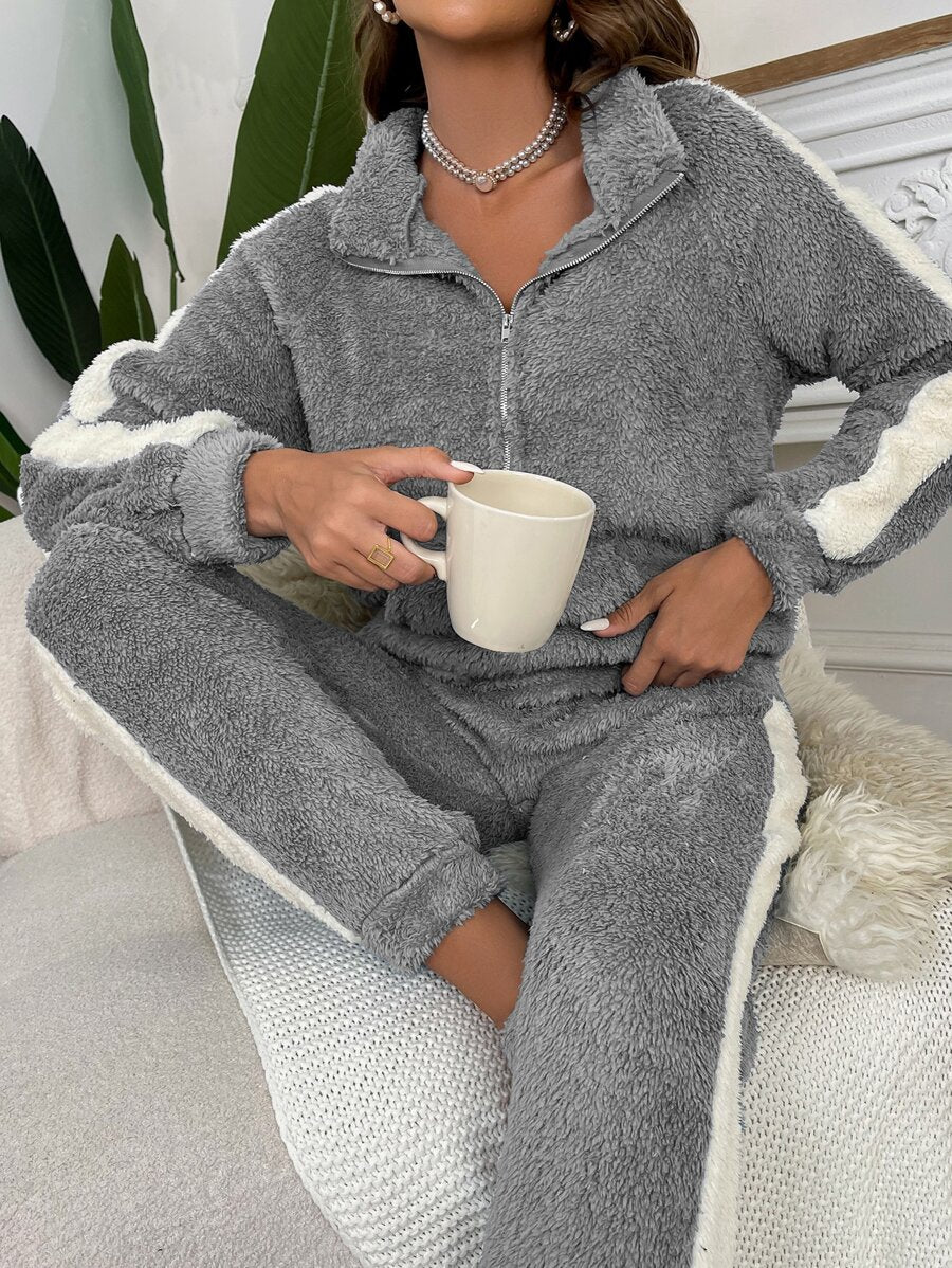 Flanellen top en broek met contrasterende zijnaad en halve rits, loungeset, herfst- en winterkleding