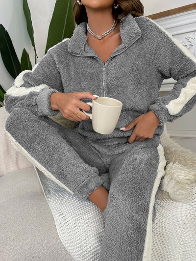 Flanellen top en broek met contrasterende zijnaad en halve rits, loungeset, herfst- en winterkleding