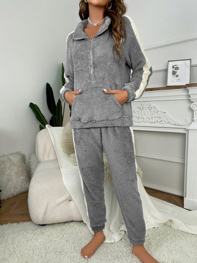 Flanellen top en broek met contrasterende zijnaad en halve rits, loungeset, herfst- en winterkleding