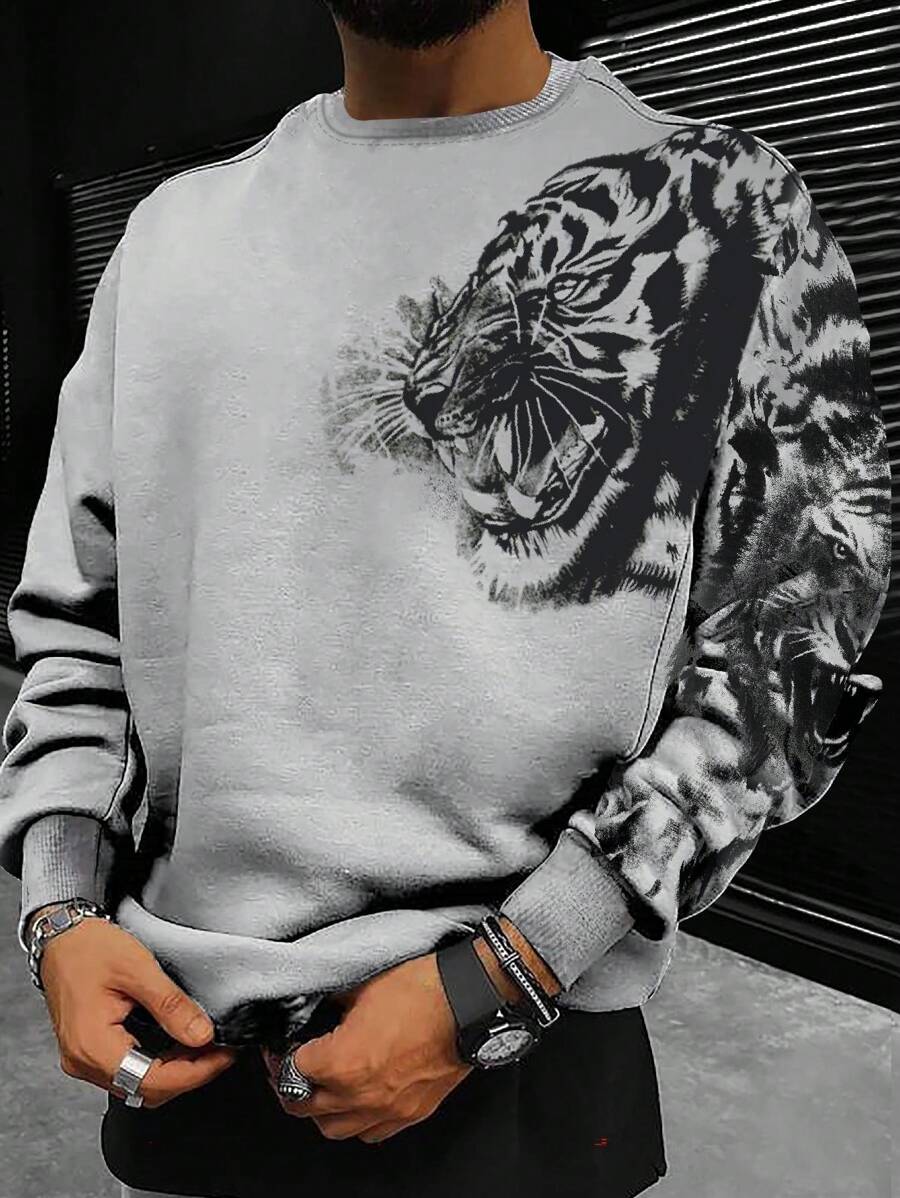 Manfinity LEGND Heren losse tijgerprint sweatshirt, lange mouwen, geschikt voor uitgaan, streetwear, grafisch sweatshirt, geschikt voor echtgenoot, voor de herfst