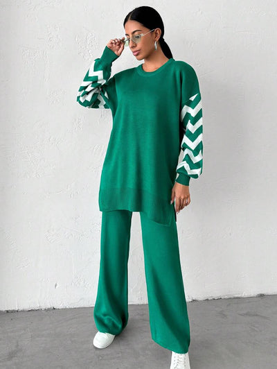 Dames effen kleur pareldetail ronde hals drop shoulder pullover & sweater broek set