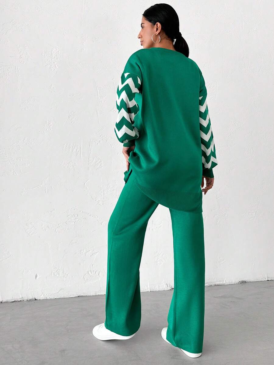 Dames effen kleur pareldetail ronde hals drop shoulder pullover & sweater broek set