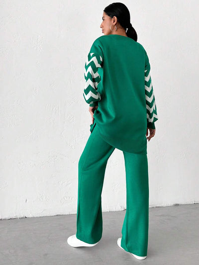 Dames effen kleur pareldetail ronde hals drop shoulder pullover & sweater broek set