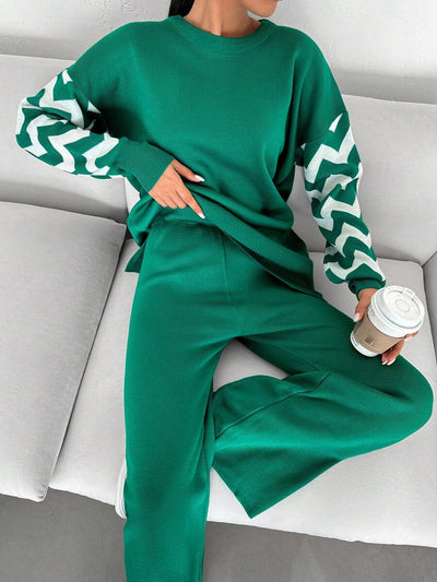 Dames effen kleur pareldetail ronde hals drop shoulder pullover & sweater broek set