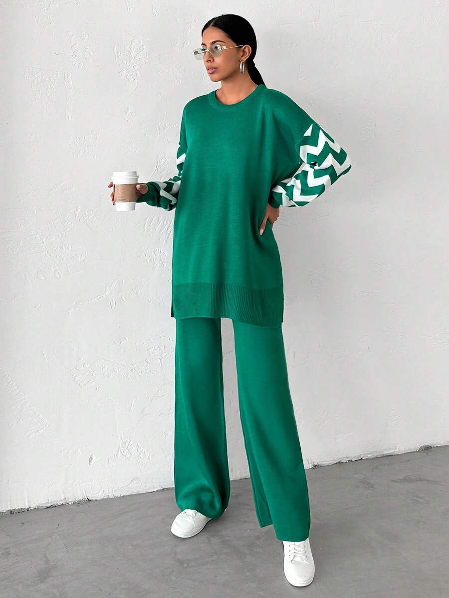 Dames effen kleur pareldetail ronde hals drop shoulder pullover & sweater broek set