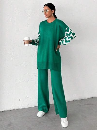 Dames effen kleur pareldetail ronde hals drop shoulder pullover & sweater broek set