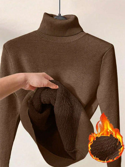 Franclia Dames Hoge Hals Effen Kleur Lange Mouw Casual Trui Met Thermische Voering, Herfst/Winter, Lange Mouw Tops