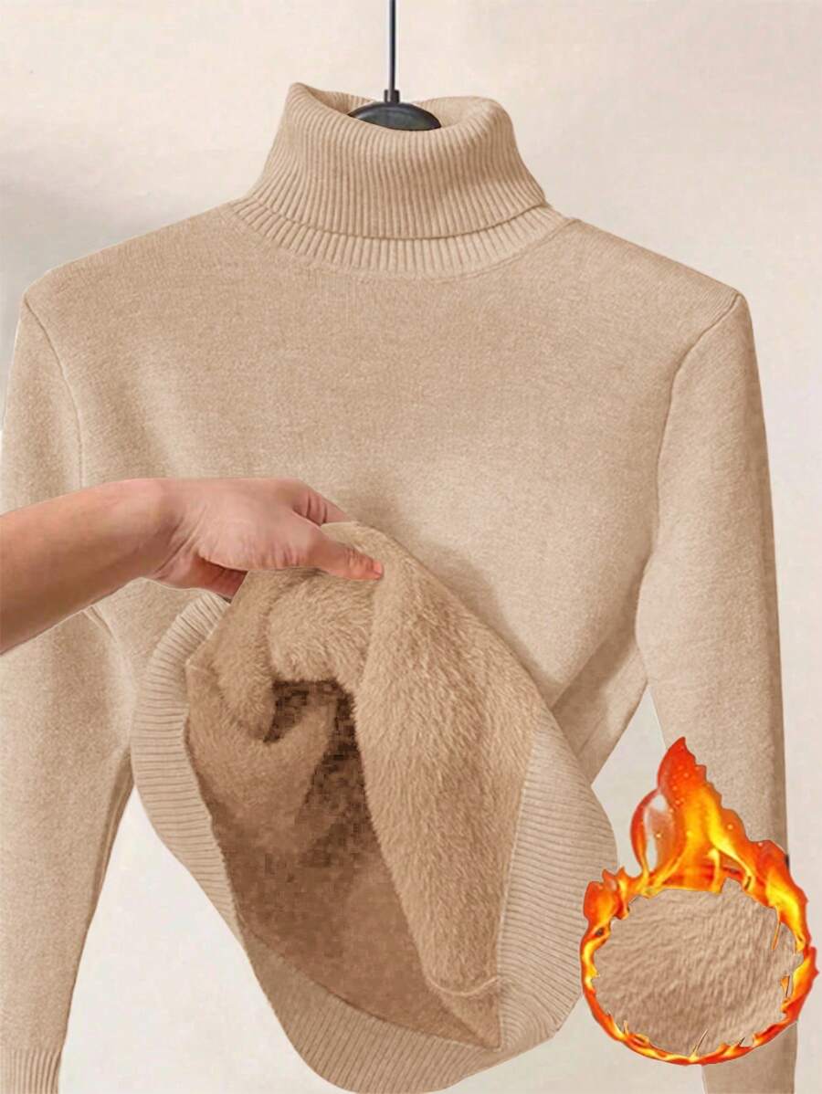 Franclia Dames Hoge Hals Effen Kleur Lange Mouw Casual Trui Met Thermische Voering, Herfst/Winter, Lange Mouw Tops