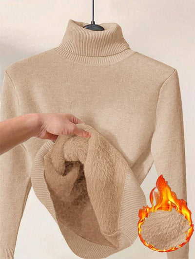 Franclia Dames Hoge Hals Effen Kleur Lange Mouw Casual Trui Met Thermische Voering, Herfst/Winter, Lange Mouw Tops