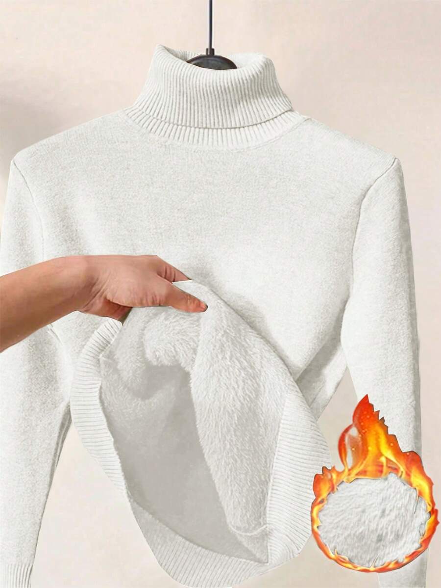 Franclia Dames Hoge Hals Effen Kleur Lange Mouw Casual Trui Met Thermische Voering, Herfst/Winter, Lange Mouw Tops