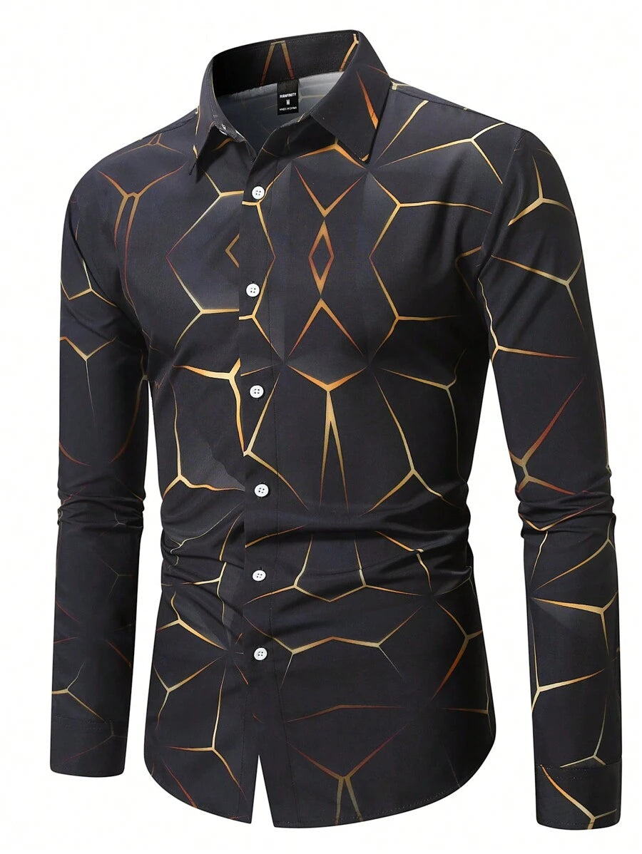 Manfinity Homme Heren Lente Geometrisch Print Casual Lange Mouw Overhemd Slim Fit Knoop Zwart Overhemd Voor Echtgenoot, Geometrische Print Heren, Heren Luxe Overhemd, Zwart Geometrisch Overhemd, Voor De Herfst