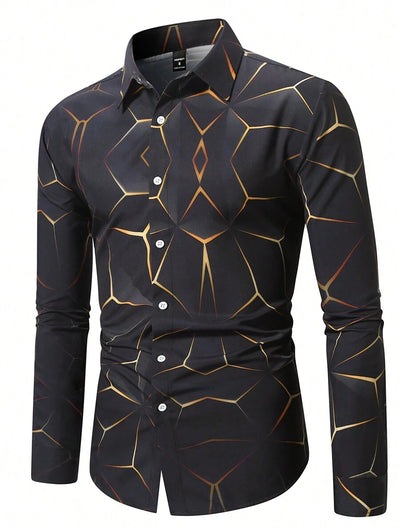 Manfinity Homme Heren Lente Geometrisch Print Casual Lange Mouw Overhemd Slim Fit Knoop Zwart Overhemd Voor Echtgenoot, Geometrische Print Heren, Heren Luxe Overhemd, Zwart Geometrisch Overhemd, Voor De Herfst