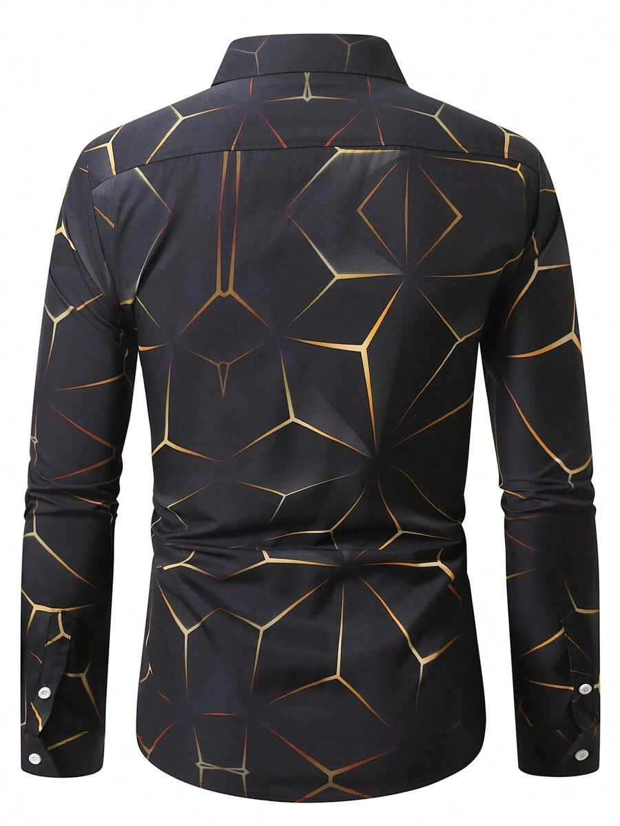 Manfinity Homme Heren Lente Geometrisch Print Casual Lange Mouw Overhemd Slim Fit Knoop Zwart Overhemd Voor Echtgenoot, Geometrische Print Heren, Heren Luxe Overhemd, Zwart Geometrisch Overhemd, Voor De Herfst
