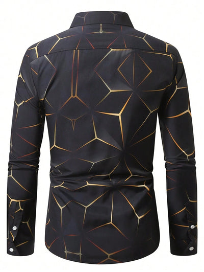 Manfinity Homme Heren Lente Geometrisch Print Casual Lange Mouw Overhemd Slim Fit Knoop Zwart Overhemd Voor Echtgenoot, Geometrische Print Heren, Heren Luxe Overhemd, Zwart Geometrisch Overhemd, Voor De Herfst