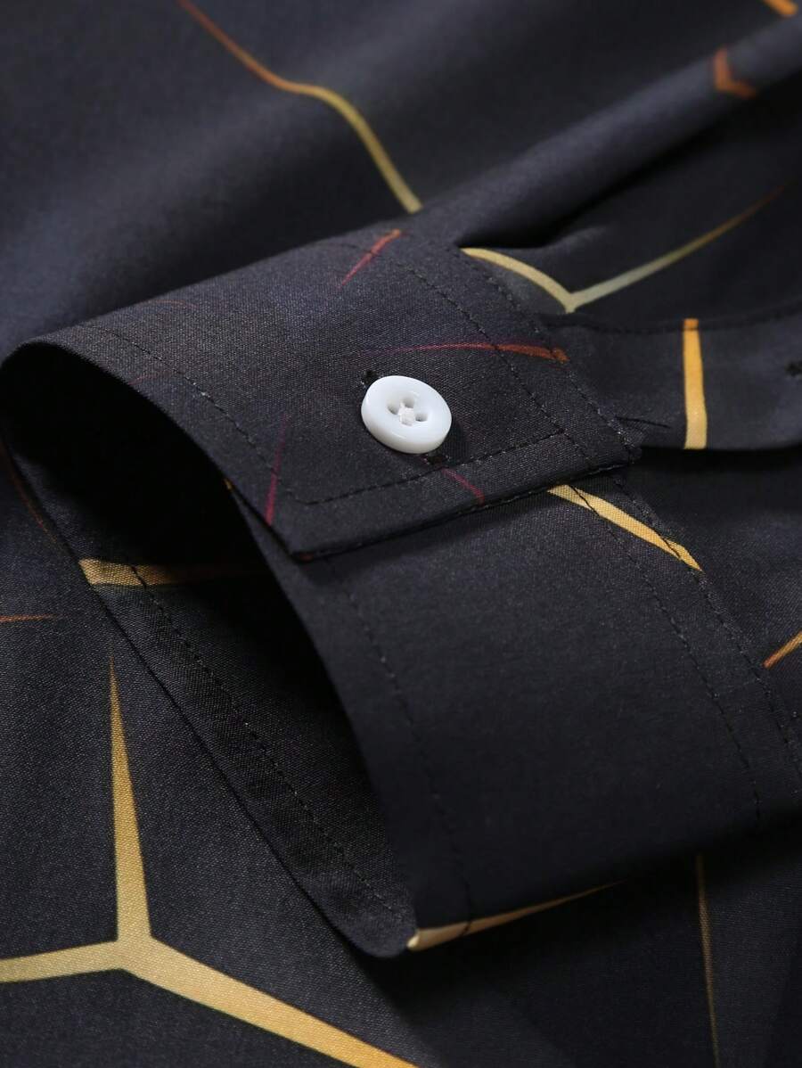 Manfinity Homme Heren Lente Geometrisch Print Casual Lange Mouw Overhemd Slim Fit Knoop Zwart Overhemd Voor Echtgenoot, Geometrische Print Heren, Heren Luxe Overhemd, Zwart Geometrisch Overhemd, Voor De Herfst