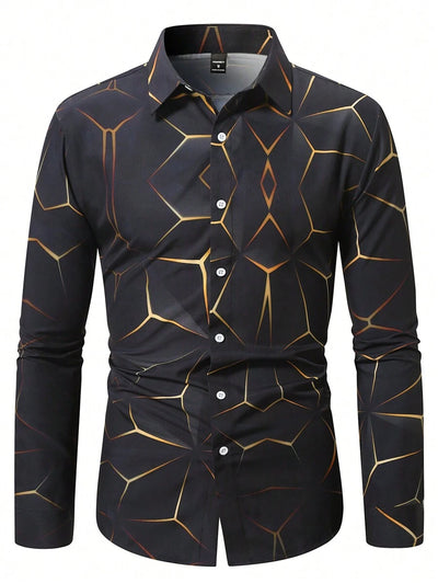 Manfinity Homme Heren Lente Geometrisch Print Casual Lange Mouw Overhemd Slim Fit Knoop Zwart Overhemd Voor Echtgenoot, Geometrische Print Heren, Heren Luxe Overhemd, Zwart Geometrisch Overhemd, Voor De Herfst