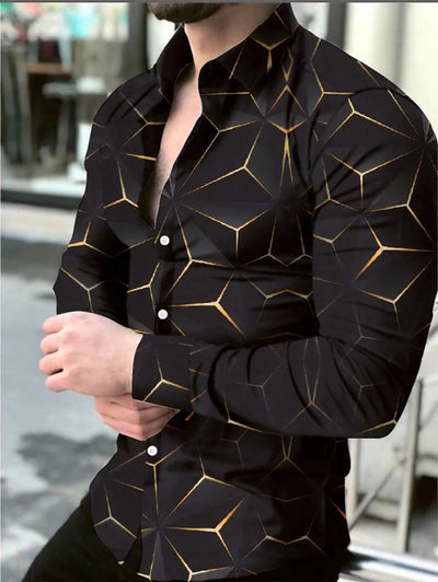 Manfinity Homme Heren Lente Geometrisch Print Casual Lange Mouw Overhemd Slim Fit Knoop Zwart Overhemd Voor Echtgenoot, Geometrische Print Heren, Heren Luxe Overhemd, Zwart Geometrisch Overhemd, Voor De Herfst