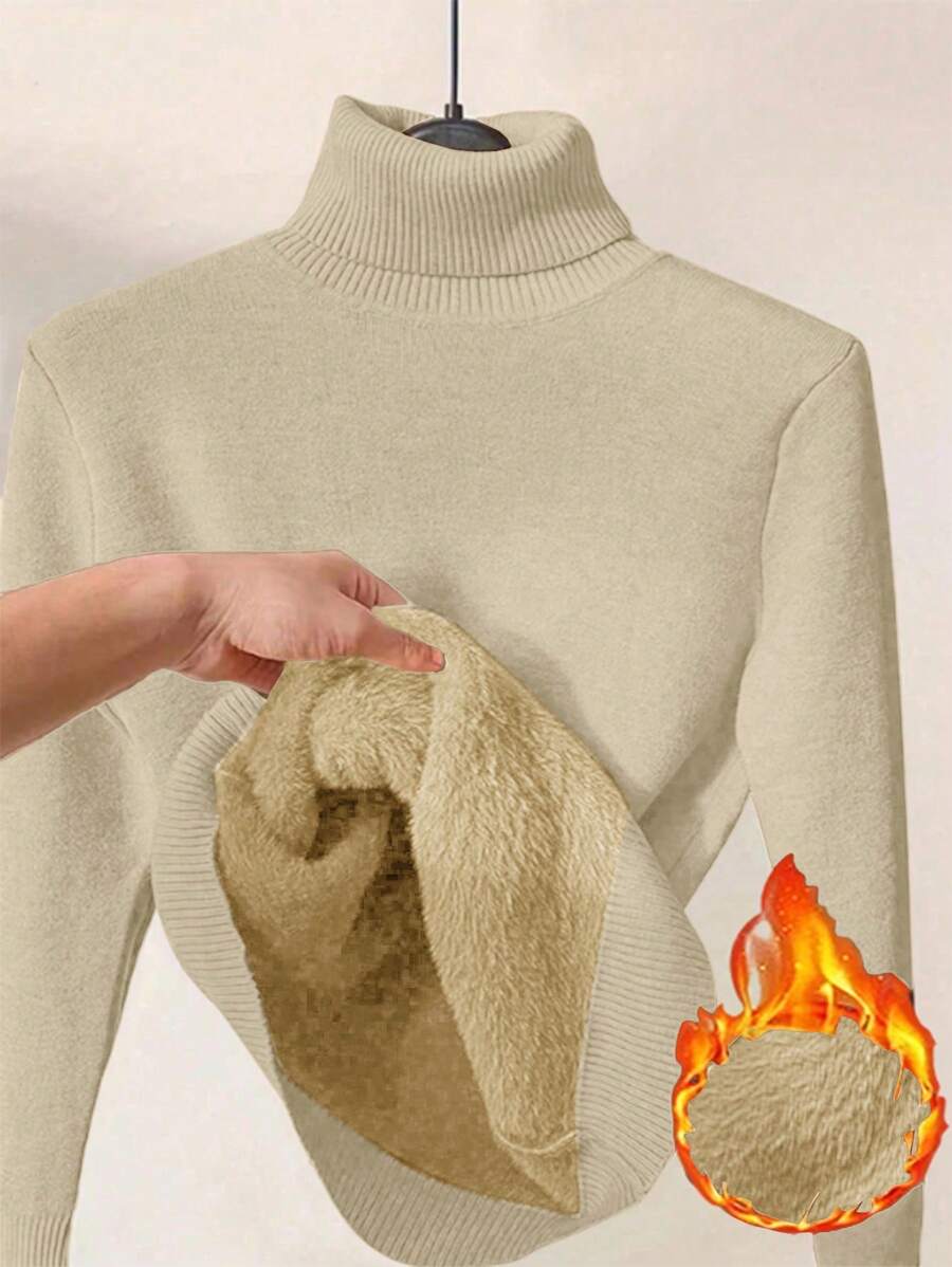 Franclia Dames Hoge Hals Effen Kleur Lange Mouw Casual Trui Met Thermische Voering, Herfst/Winter, Lange Mouw Tops