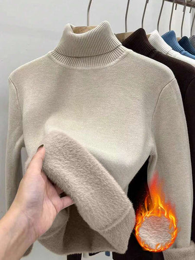 Franclia Dames Hoge Hals Effen Kleur Lange Mouw Casual Trui Met Thermische Voering, Herfst/Winter, Lange Mouw Tops