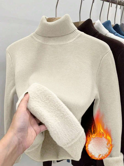 Franclia Dames Hoge Hals Effen Kleur Lange Mouw Casual Trui Met Thermische Voering, Herfst/Winter, Lange Mouw Tops