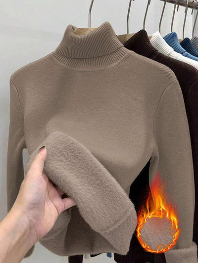 Franclia Dames Hoge Hals Effen Kleur Lange Mouw Casual Trui Met Thermische Voering, Herfst/Winter, Lange Mouw Tops