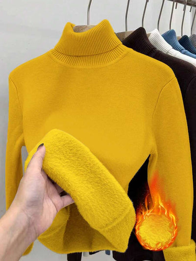 Franclia Dames Hoge Hals Effen Kleur Lange Mouw Casual Trui Met Thermische Voering, Herfst/Winter, Lange Mouw Tops
