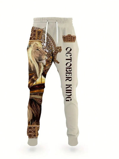 2-delige heren hoodie en broek met leeuwenpatroon, modieuze pyjamaset - zachte, licht rekbare polyester sweatshirt met lange mouwen en joggingbroek, machinewasbaar - geometrisch patroon, normale pasvorm, gebreide stof, geen chemische reiniging, herfstkled