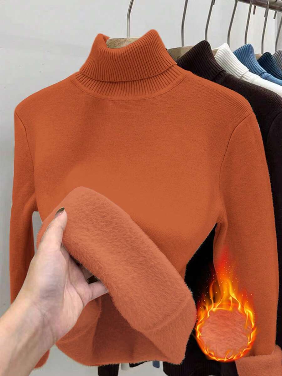 Franclia Dames Hoge Hals Effen Kleur Lange Mouw Casual Trui Met Thermische Voering, Herfst/Winter, Lange Mouw Tops