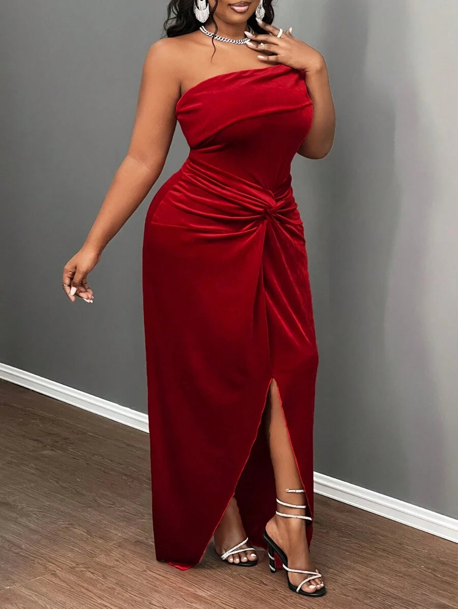 Slaydiva Elegante & Feest & Date Gelegenheid Jurk, Getailleerde Een Schouder Koude Schouder Effen Kleur Knoop Taille Split Zoom Fluwelen Jurk Voor Plus Size Vrouwen, Lente Herfst