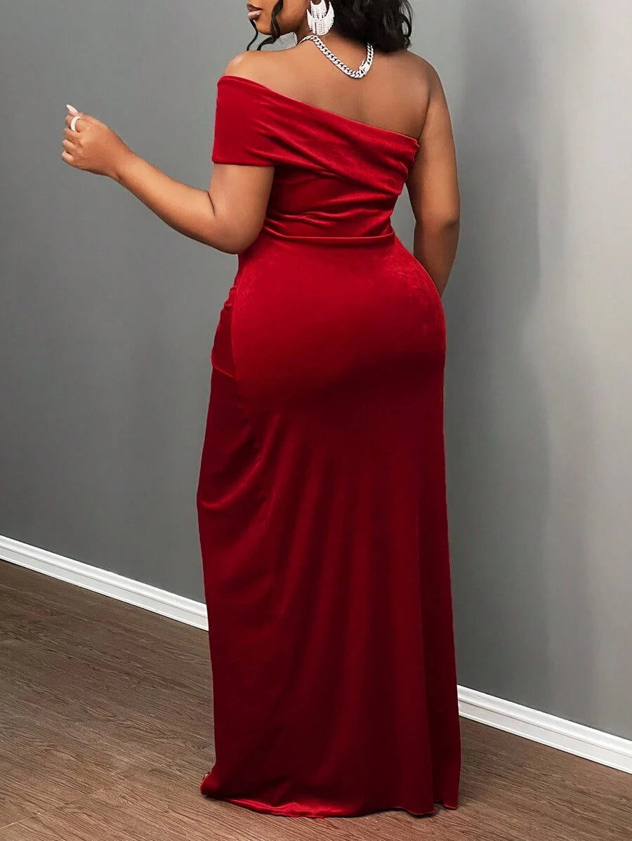 Slaydiva Elegante & Feest & Date Gelegenheid Jurk, Getailleerde Een Schouder Koude Schouder Effen Kleur Knoop Taille Split Zoom Fluwelen Jurk Voor Plus Size Vrouwen, Lente Herfst