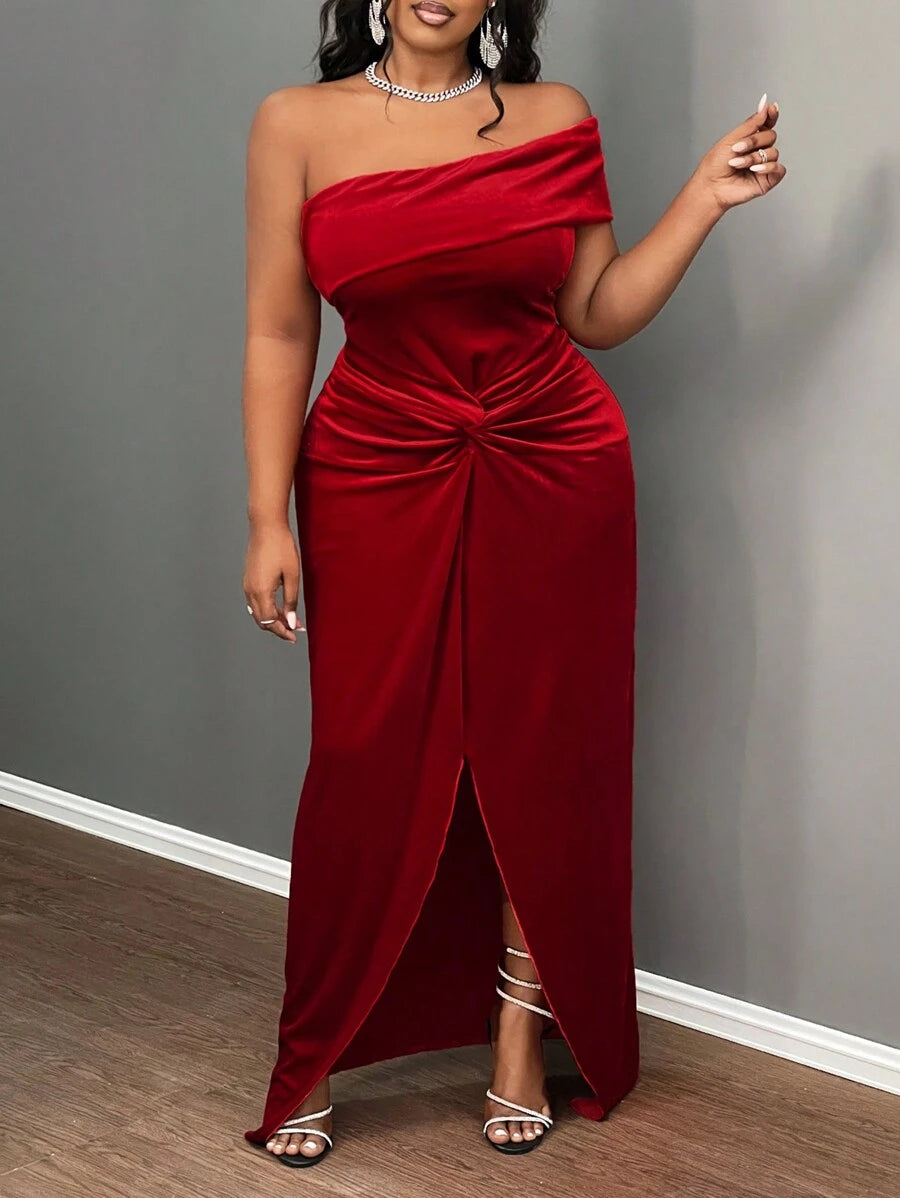 Slaydiva Elegante & Feest & Date Gelegenheid Jurk, Getailleerde Een Schouder Koude Schouder Effen Kleur Knoop Taille Split Zoom Fluwelen Jurk Voor Plus Size Vrouwen, Lente Herfst