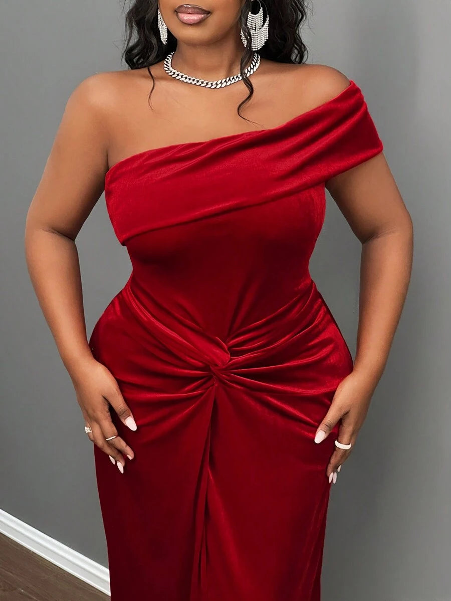 Slaydiva Elegante & Feest & Date Gelegenheid Jurk, Getailleerde Een Schouder Koude Schouder Effen Kleur Knoop Taille Split Zoom Fluwelen Jurk Voor Plus Size Vrouwen, Lente Herfst