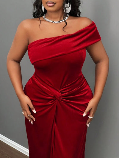 Slaydiva Elegante & Feest & Date Gelegenheid Jurk, Getailleerde Een Schouder Koude Schouder Effen Kleur Knoop Taille Split Zoom Fluwelen Jurk Voor Plus Size Vrouwen, Lente Herfst