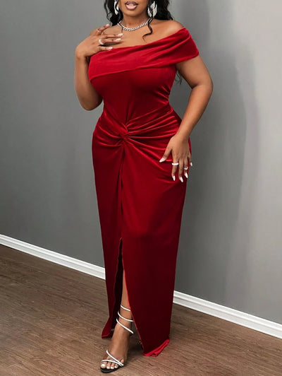 Slaydiva Elegante & Feest & Date Gelegenheid Jurk, Getailleerde Een Schouder Koude Schouder Effen Kleur Knoop Taille Split Zoom Fluwelen Jurk Voor Plus Size Vrouwen, Lente Herfst