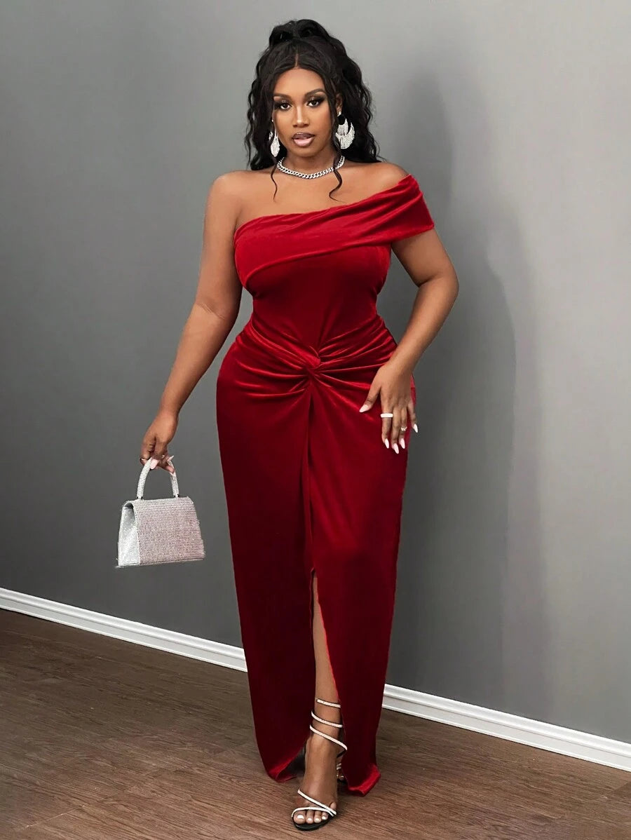 Slaydiva Elegante & Feest & Date Gelegenheid Jurk, Getailleerde Een Schouder Koude Schouder Effen Kleur Knoop Taille Split Zoom Fluwelen Jurk Voor Plus Size Vrouwen, Lente Herfst