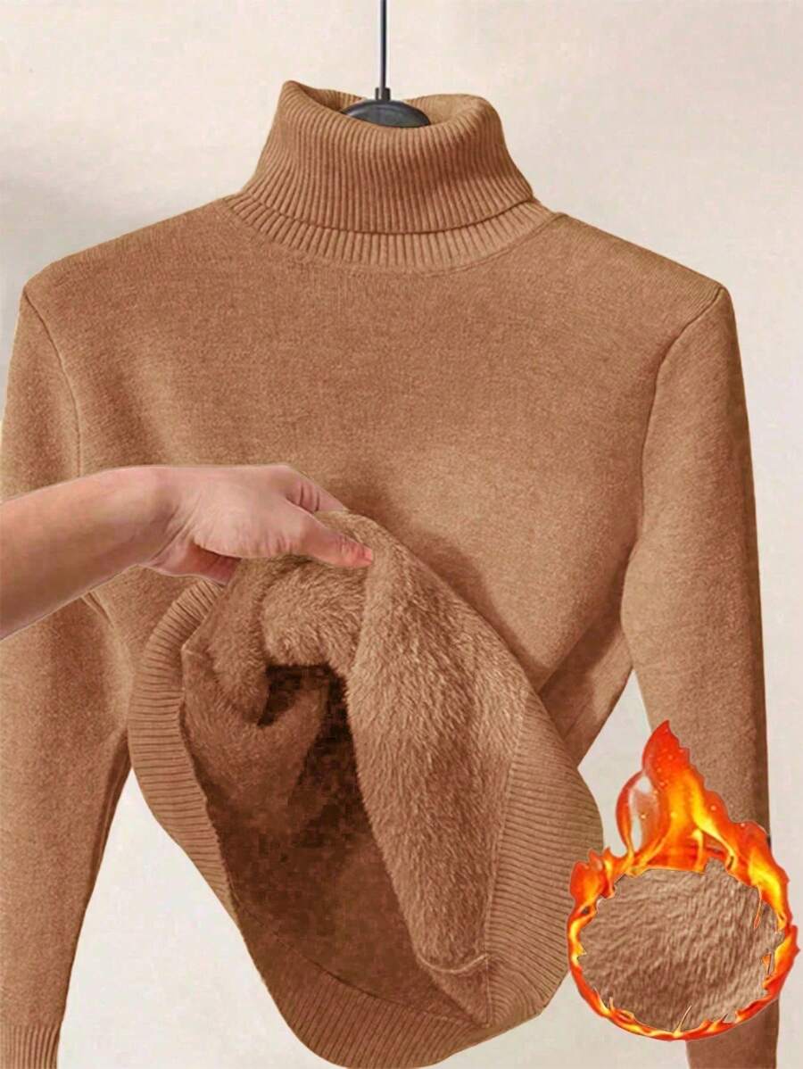 Franclia Dames Hoge Hals Effen Kleur Lange Mouw Casual Trui Met Thermische Voering, Herfst/Winter, Lange Mouw Tops
