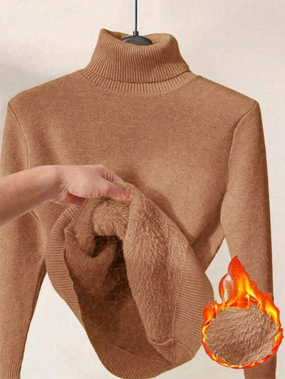Franclia Dames Hoge Hals Effen Kleur Lange Mouw Casual Trui Met Thermische Voering, Herfst/Winter, Lange Mouw Tops