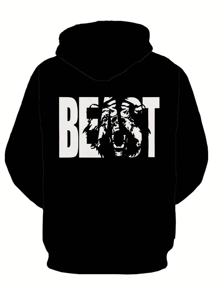 Plus Size Heren Tijger Letter Print Trekkoord Hoodie Sweatshirt, Herfst