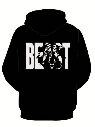 Plus Size Heren Tijger Letter Print Trekkoord Hoodie Sweatshirt, Herfst