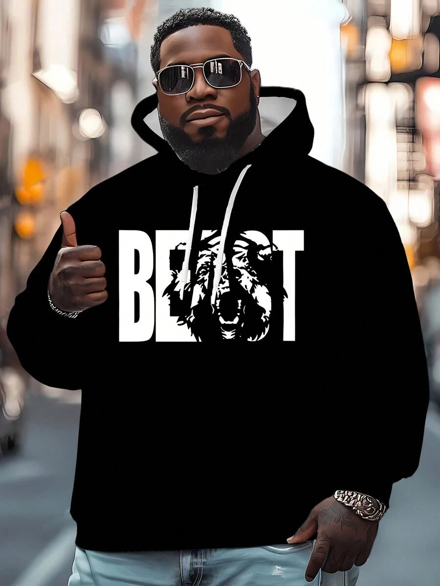 Plus Size Heren Tijger Letter Print Trekkoord Hoodie Sweatshirt, Herfst