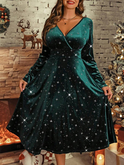 SHEIN Clasi Plus Size Kerst Elegante Glitter V-hals Getailleerde Jurk, Herfst/Winter Maxi Dames Outfit