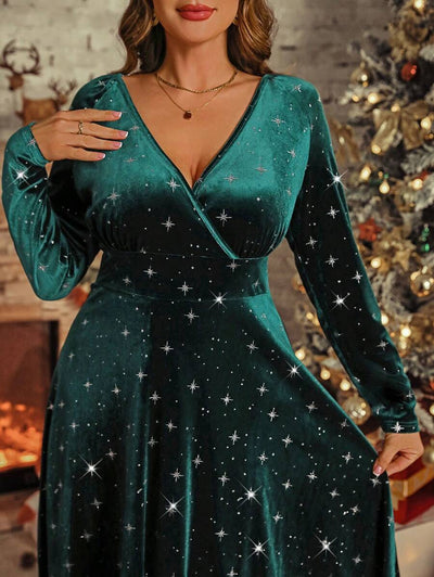 SHEIN Clasi Plus Size Kerst Elegante Glitter V-hals Getailleerde Jurk, Herfst/Winter Maxi Dames Outfit
