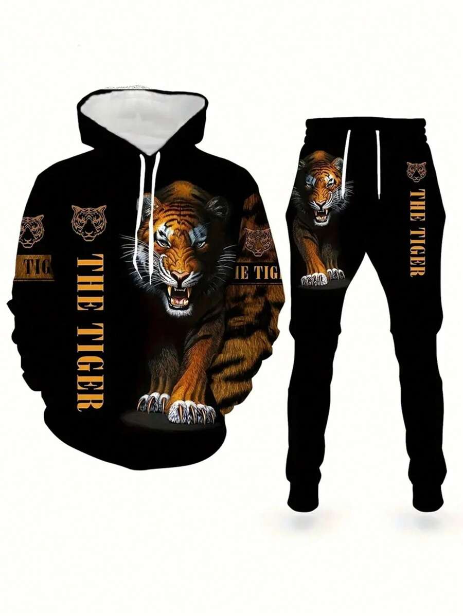 Roaring Tiger Print Heren Hoodie & Joggingbroek Set - Comfortabele Sportkleding Trainingspak, Lange Mouwen Loungewear, Opvallende Nieuwe Pyjama's voor een Casual Stijl, Herfstkleding