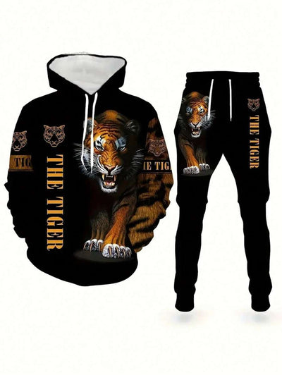 Roaring Tiger Print Heren Hoodie & Joggingbroek Set - Comfortabele Sportkleding Trainingspak, Lange Mouwen Loungewear, Opvallende Nieuwe Pyjama's voor een Casual Stijl, Herfstkleding