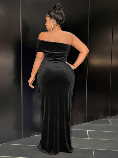 Slaydiva Elegante & Feest & Date Gelegenheid Jurk, Getailleerde Een Schouder Koude Schouder Effen Kleur Knoop Taille Split Zoom Fluwelen Jurk Voor Plus Size Vrouwen, Lente Herfst