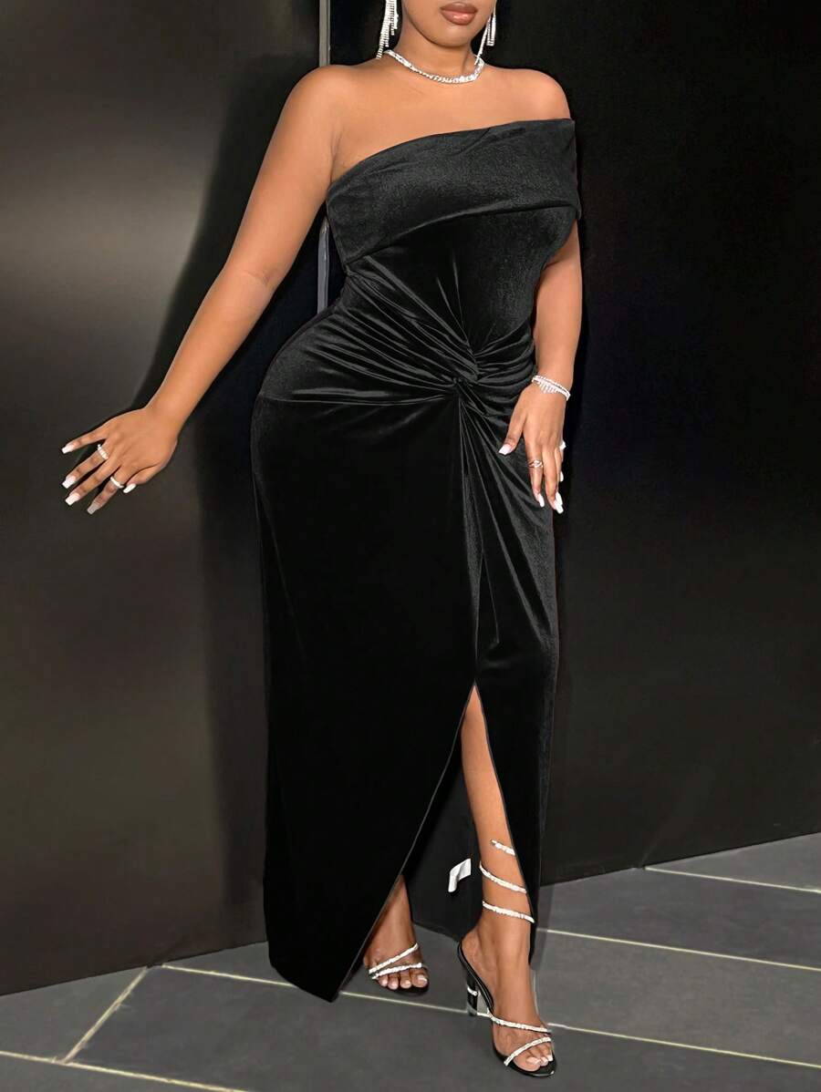 Slaydiva Elegante & Feest & Date Gelegenheid Jurk, Getailleerde Een Schouder Koude Schouder Effen Kleur Knoop Taille Split Zoom Fluwelen Jurk Voor Plus Size Vrouwen, Lente Herfst