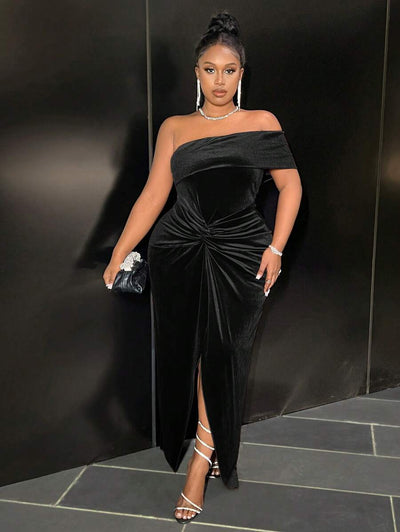 Slaydiva Elegante & Feest & Date Gelegenheid Jurk, Getailleerde Een Schouder Koude Schouder Effen Kleur Knoop Taille Split Zoom Fluwelen Jurk Voor Plus Size Vrouwen, Lente Herfst